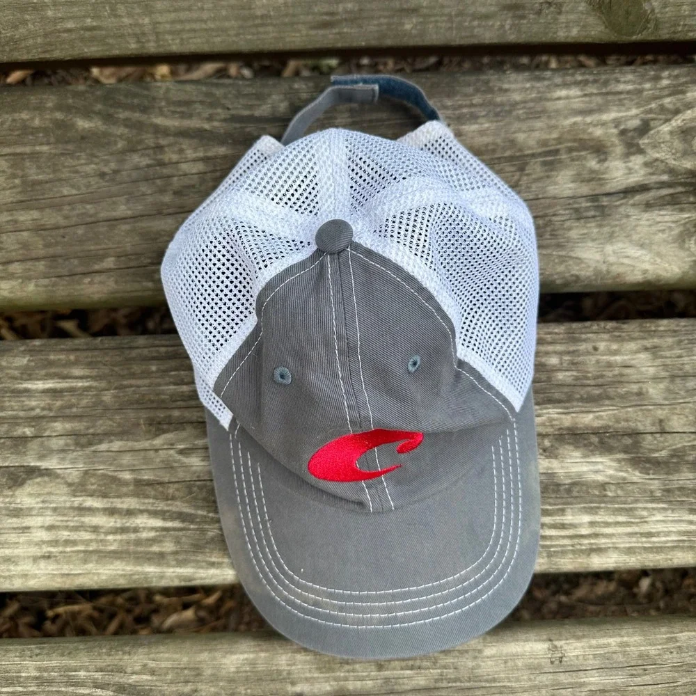 Costa Del Mar Mens Trucker Hat Grey White Mesh‎ Red Logo Adjustable Fishing Cap